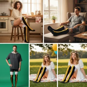 Funny chicken leg socks displayed on plain background