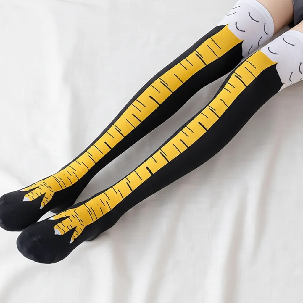 Close-up view of novelty chicken leg socks for adults