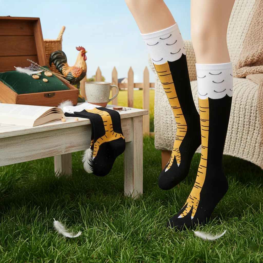 Chicken leg socks and chicken feet socks worn by people, outdoor farm scene with chickens