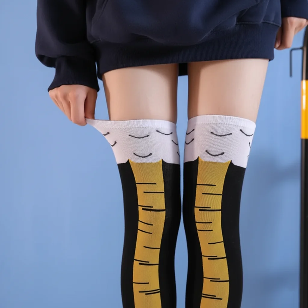 Chicken leg socks and chicken feet socks worn by adult woman, close-up view