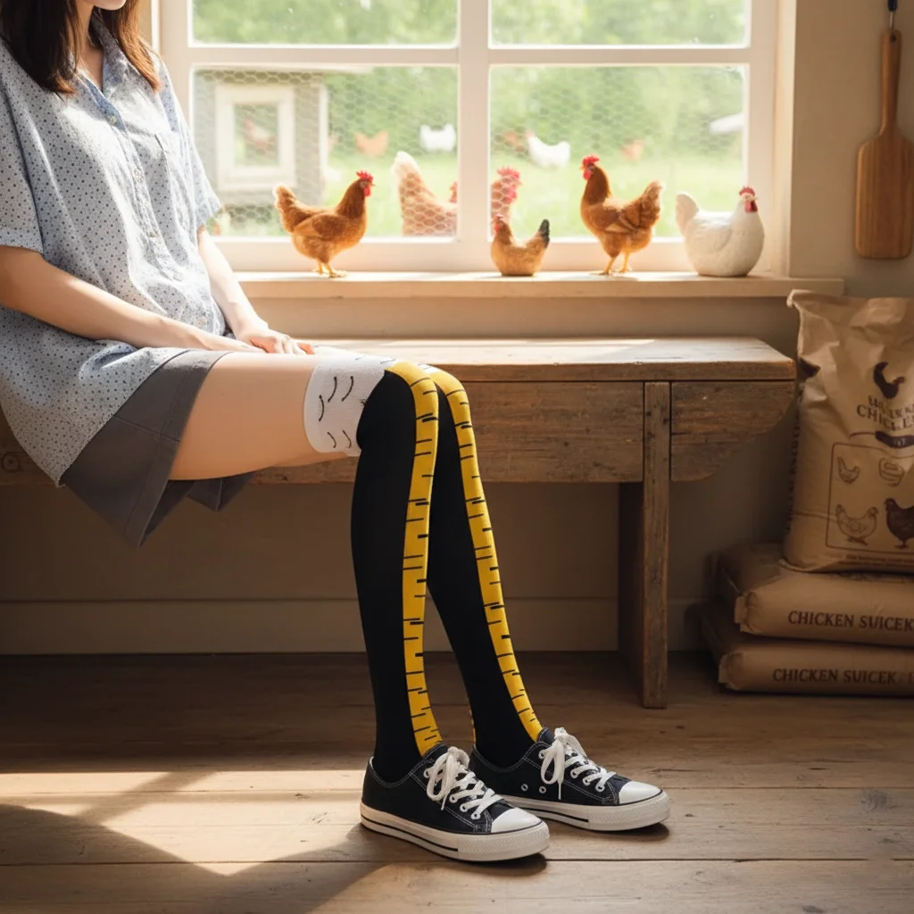 Woman wearing chicken leg socks and chicken feet socks sitting indoors with chickens in background