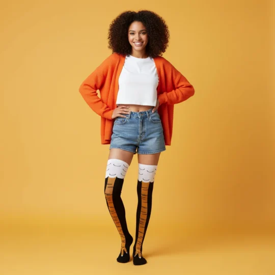 a female model with curly hair wearing chicken leg socks