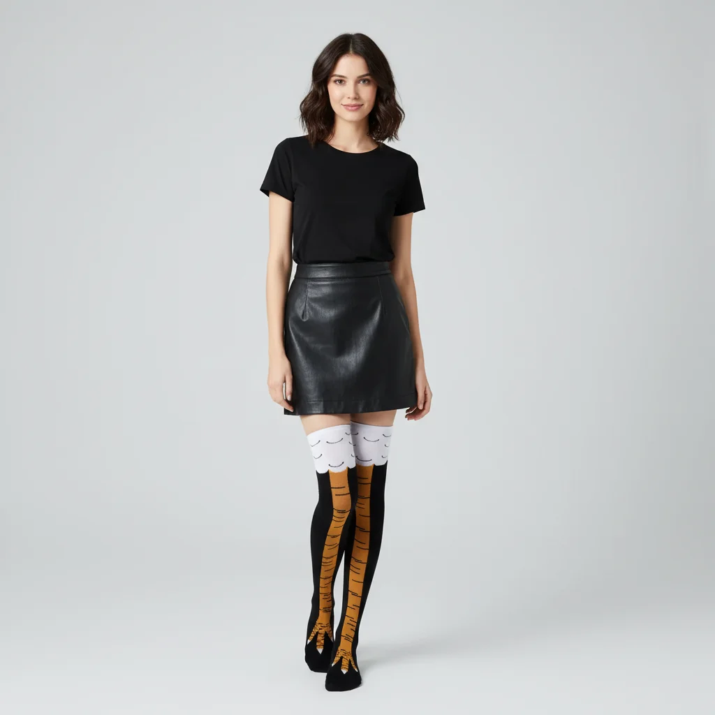 a female model photo with gray background wearing chicken feet socks