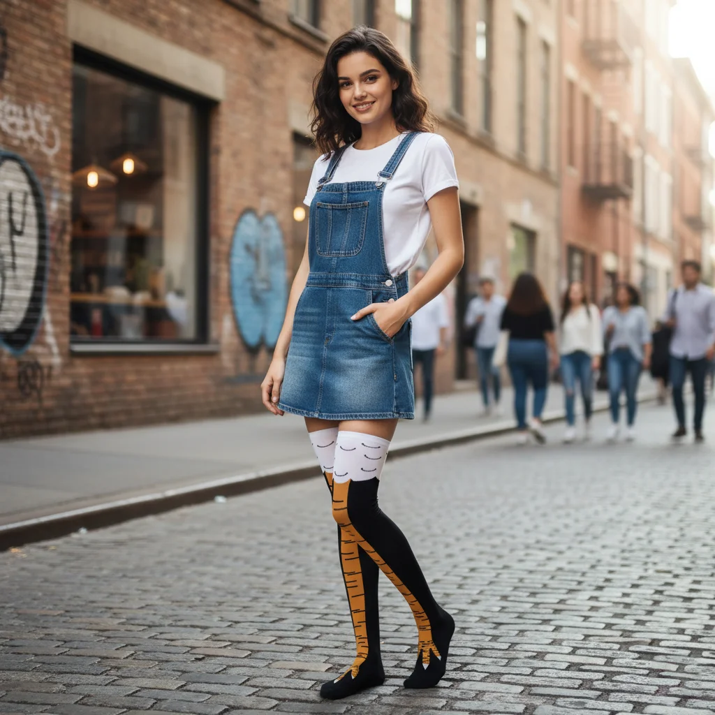 a street picture of a female model wearing funny chicken leg socks