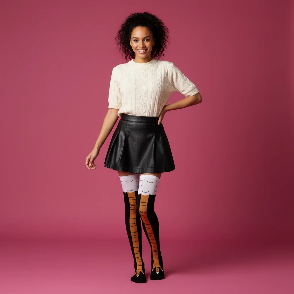 Female model wearing Funny chicken feet socks with colored background